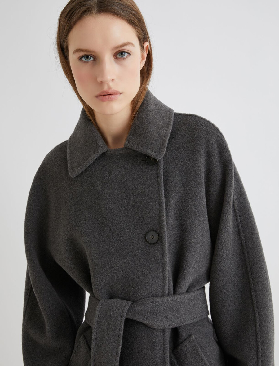 debela jakna iz čiste volne s pasom - melange siva