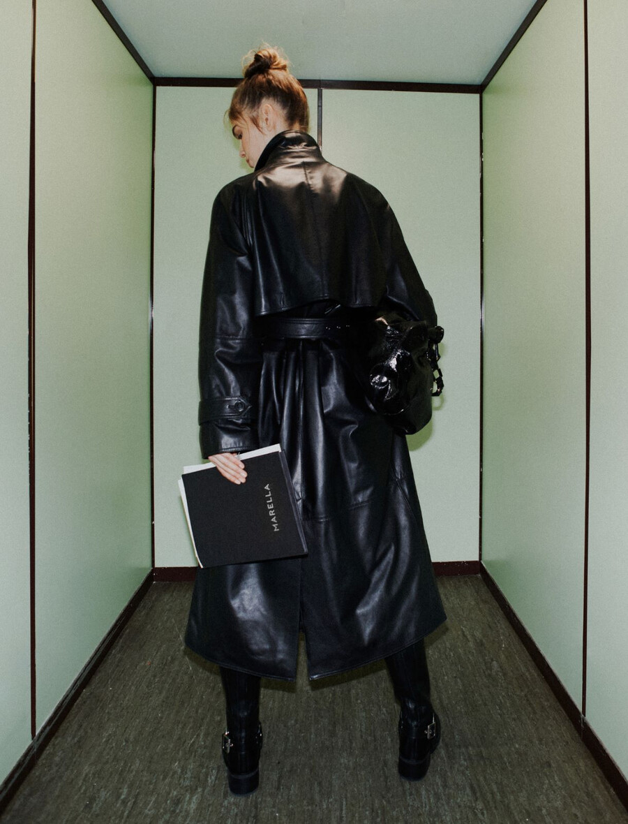 podložen usnjen trenčkot - Črn