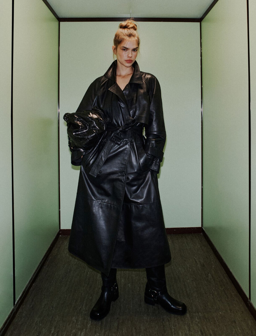 podložen usnjen trenčkot - Črn