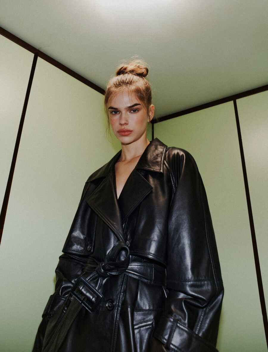 podložen usnjen trenčkot - Črn