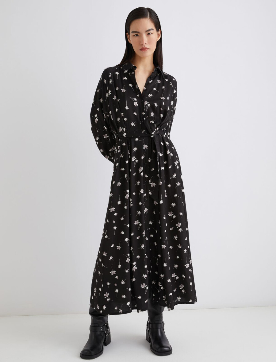 srajčna obleka iz viskoze s potiskom - Črna