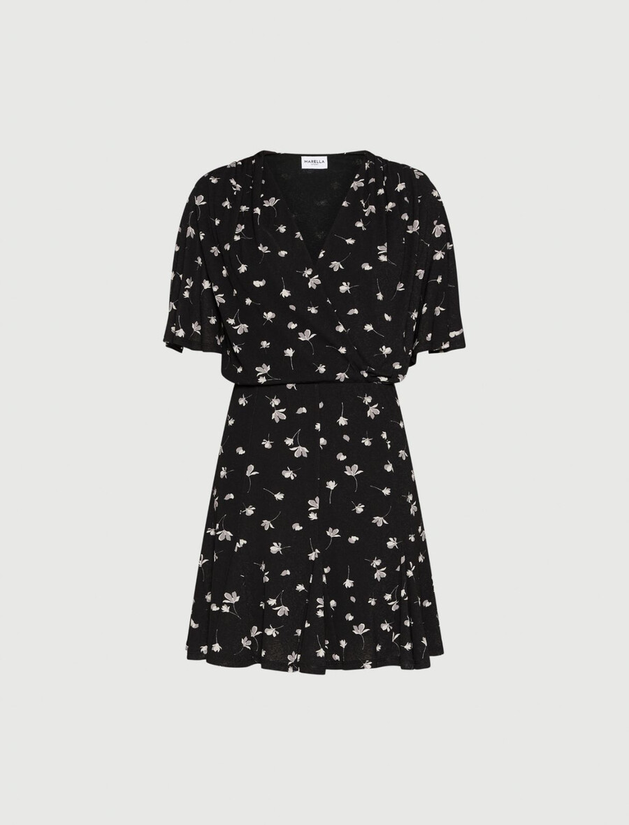 obleka iz tila in džersija s potiskom - Črna