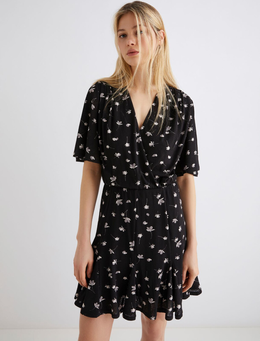 obleka iz tila in džersija s potiskom - Črna