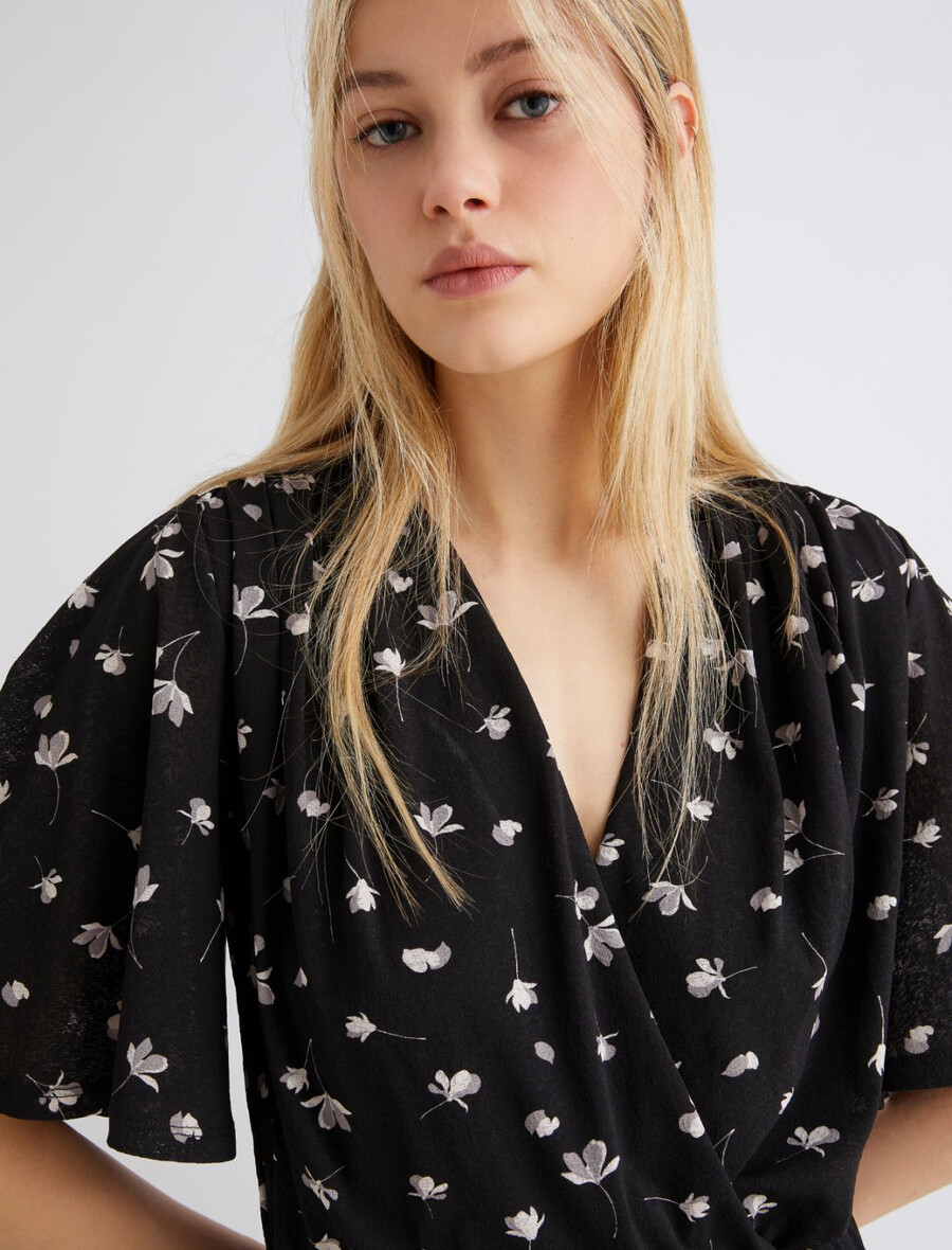 obleka iz tila in džersija s potiskom - Črna