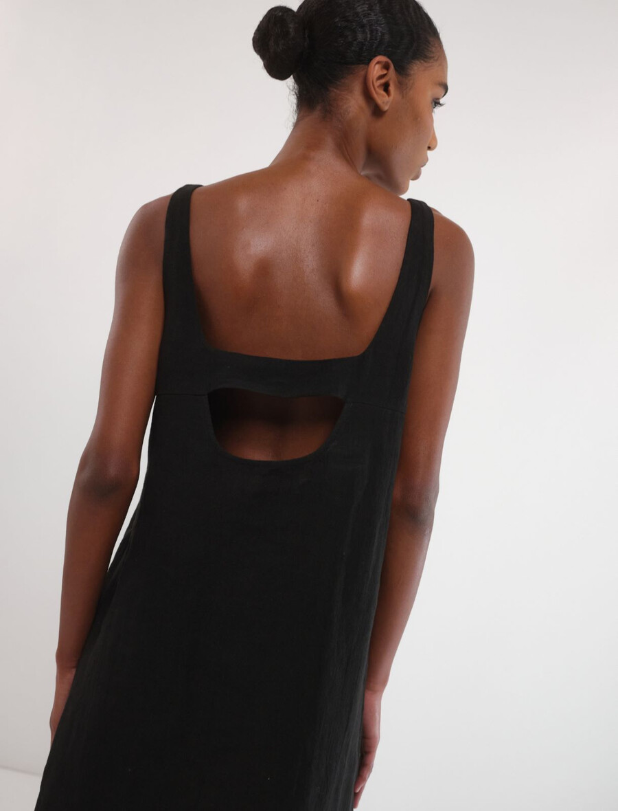 raztegljiva obleka iz bombaža in lana - Črna