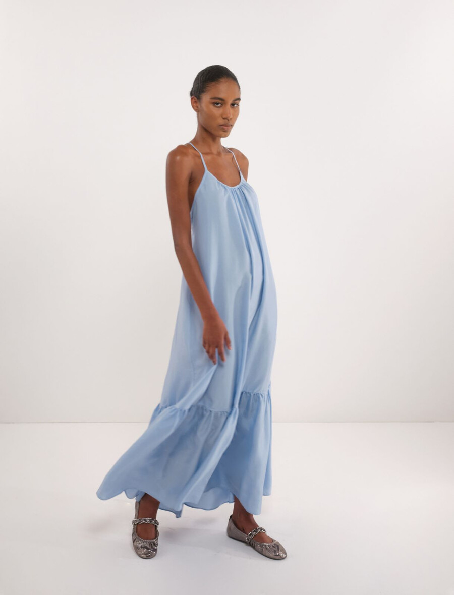 dolga svilena obleka habotai - svetlo modra