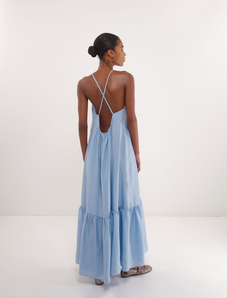 dolga svilena obleka habotai - svetlo modra