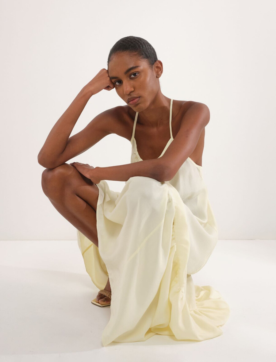 dolga svilena obleka habotai - krem