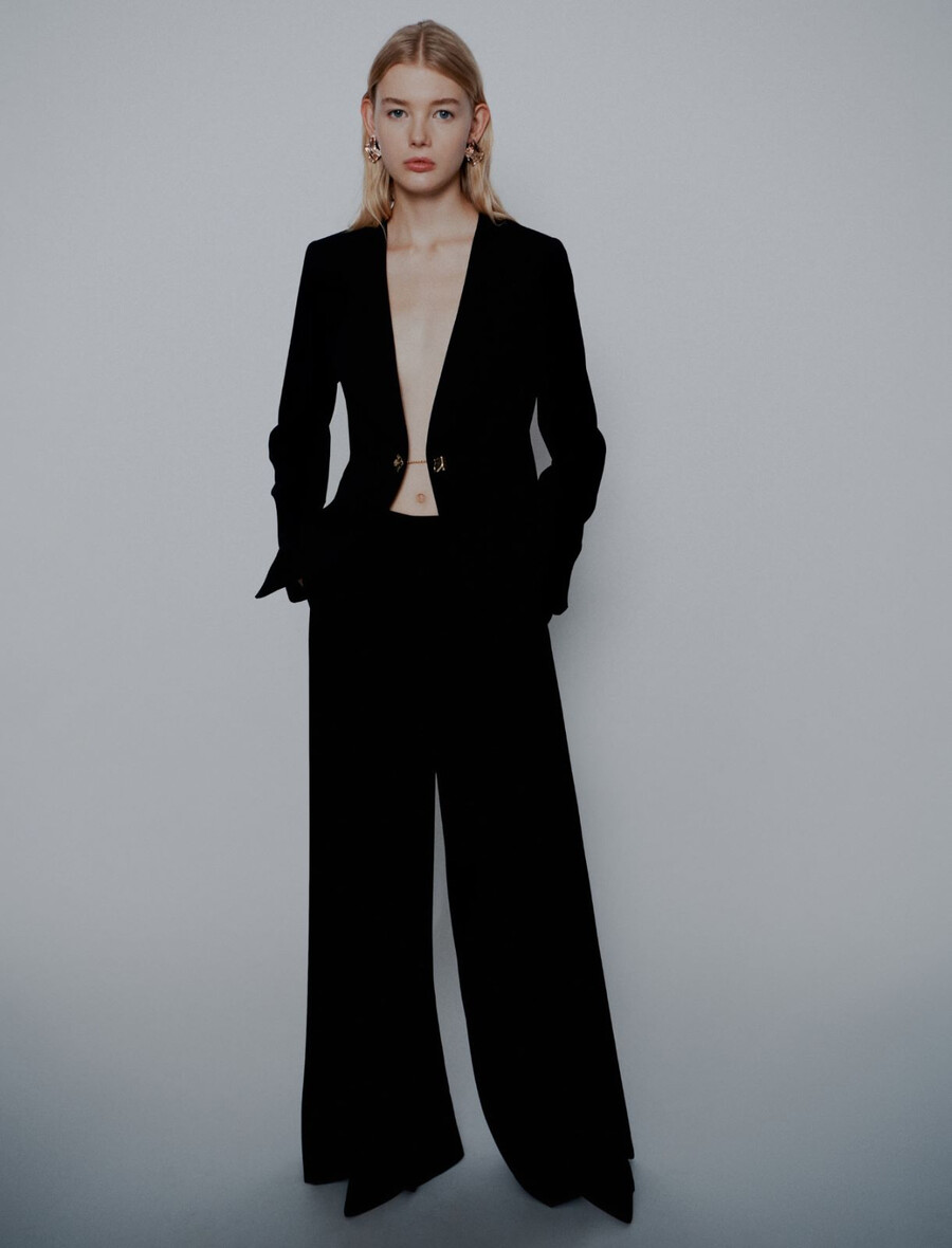 envers satenasti blazer brez ovratnika - Črn