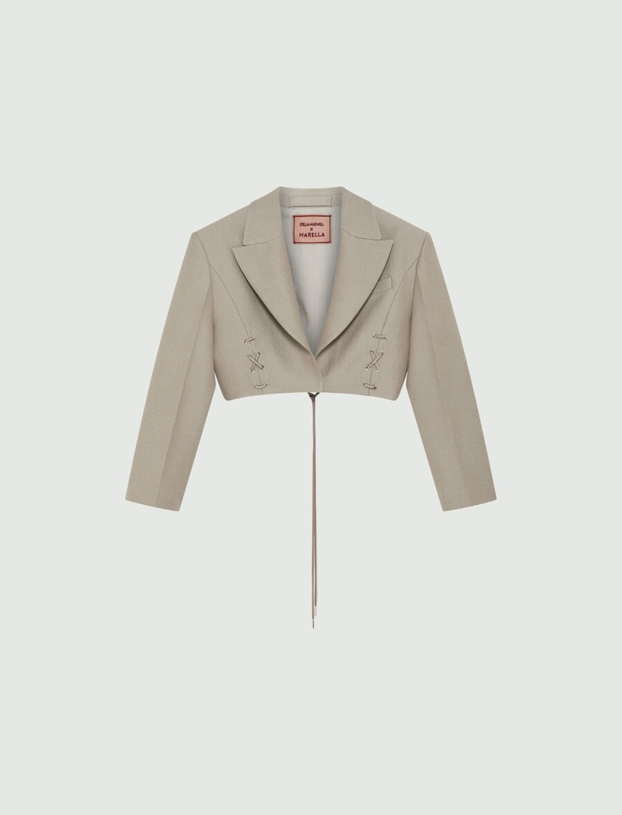 kratek blazer z vezalkami - svetlo siva