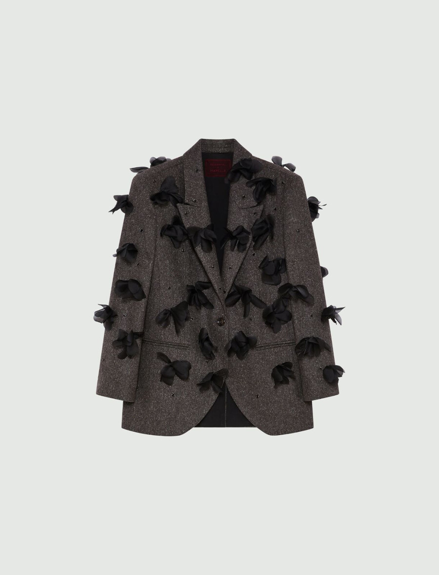 blazer s cvetličnimi in vezenimi detajli - temno rjava