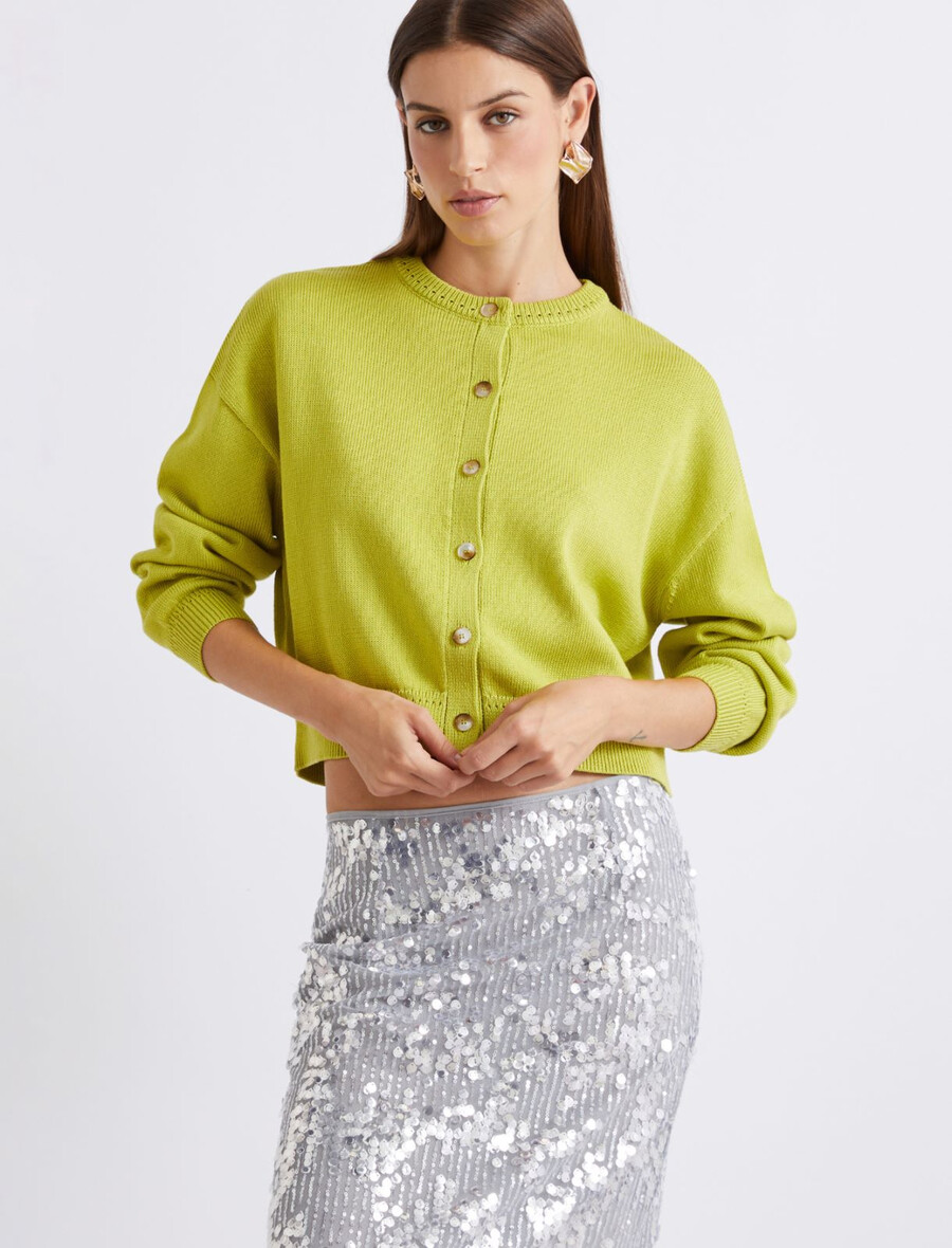 bombažni kardigan z okroglim izrezom - zelen