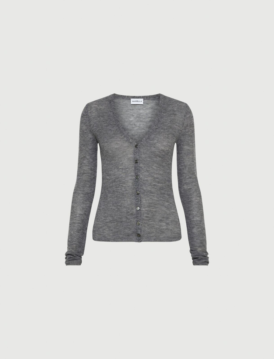 volnen kardigan z mikro bleščicami - melange siva