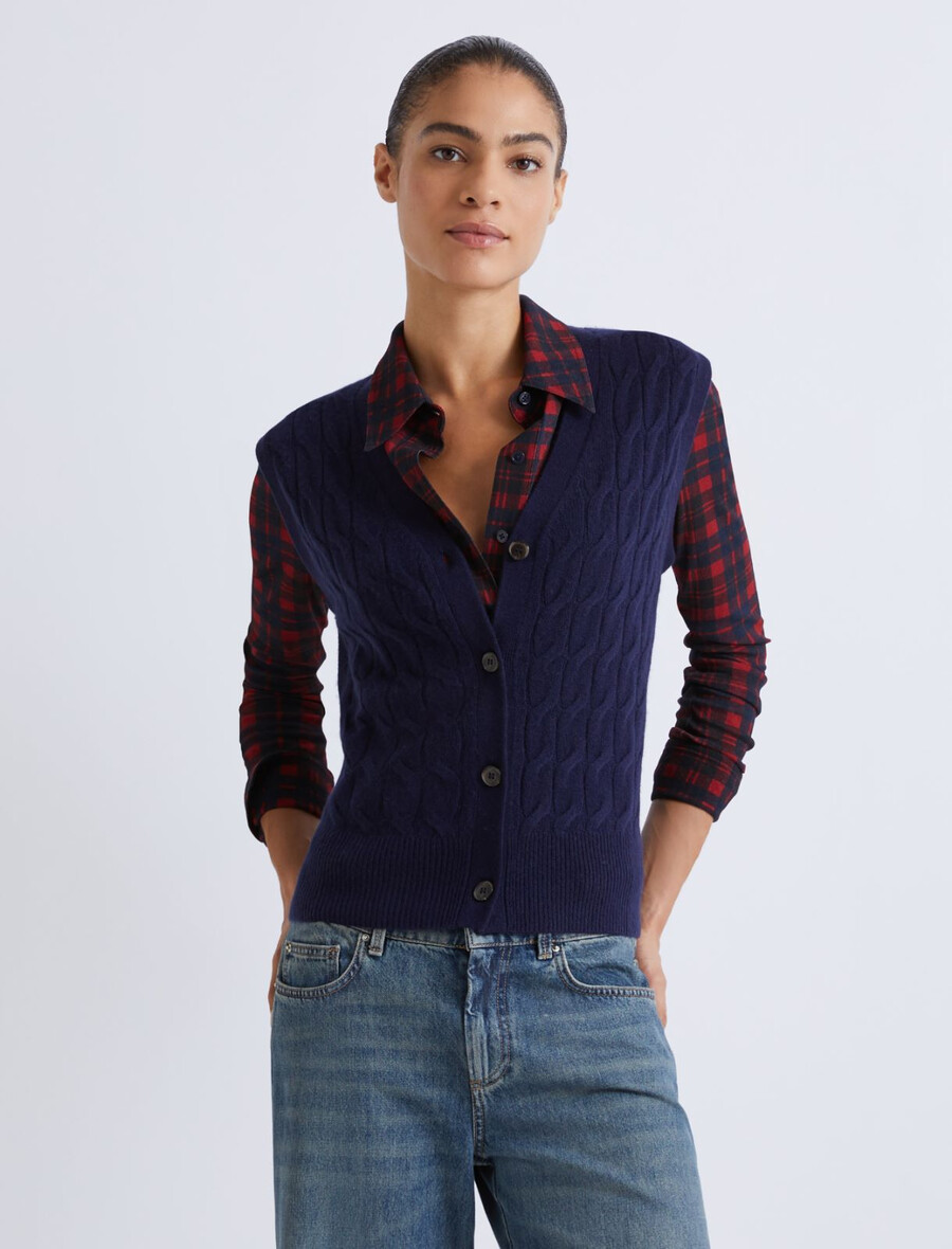 brezrokavnik iz volne in kašmirja - temno modra