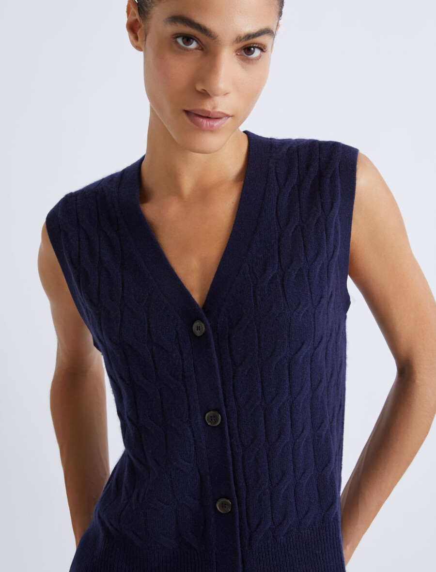 brezrokavnik iz volne in kašmirja - temno modra