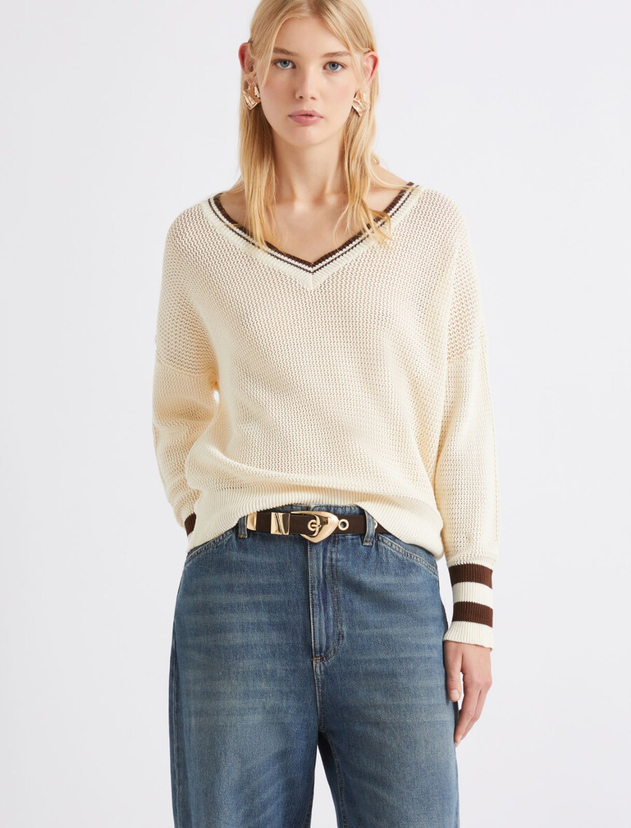 bombažni pulover z v-izrezom - volna bela