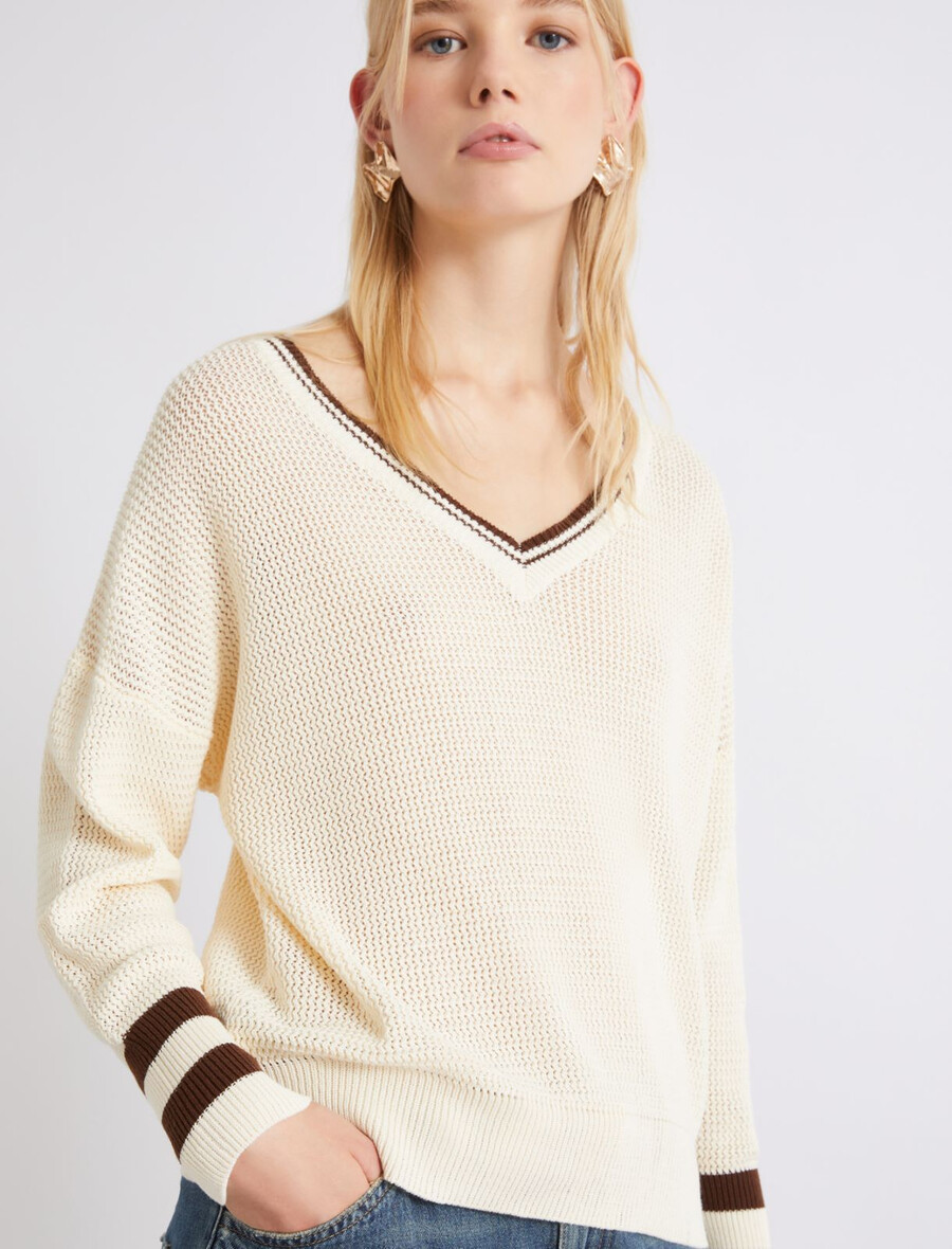 bombažni pulover z v-izrezom - volna bela