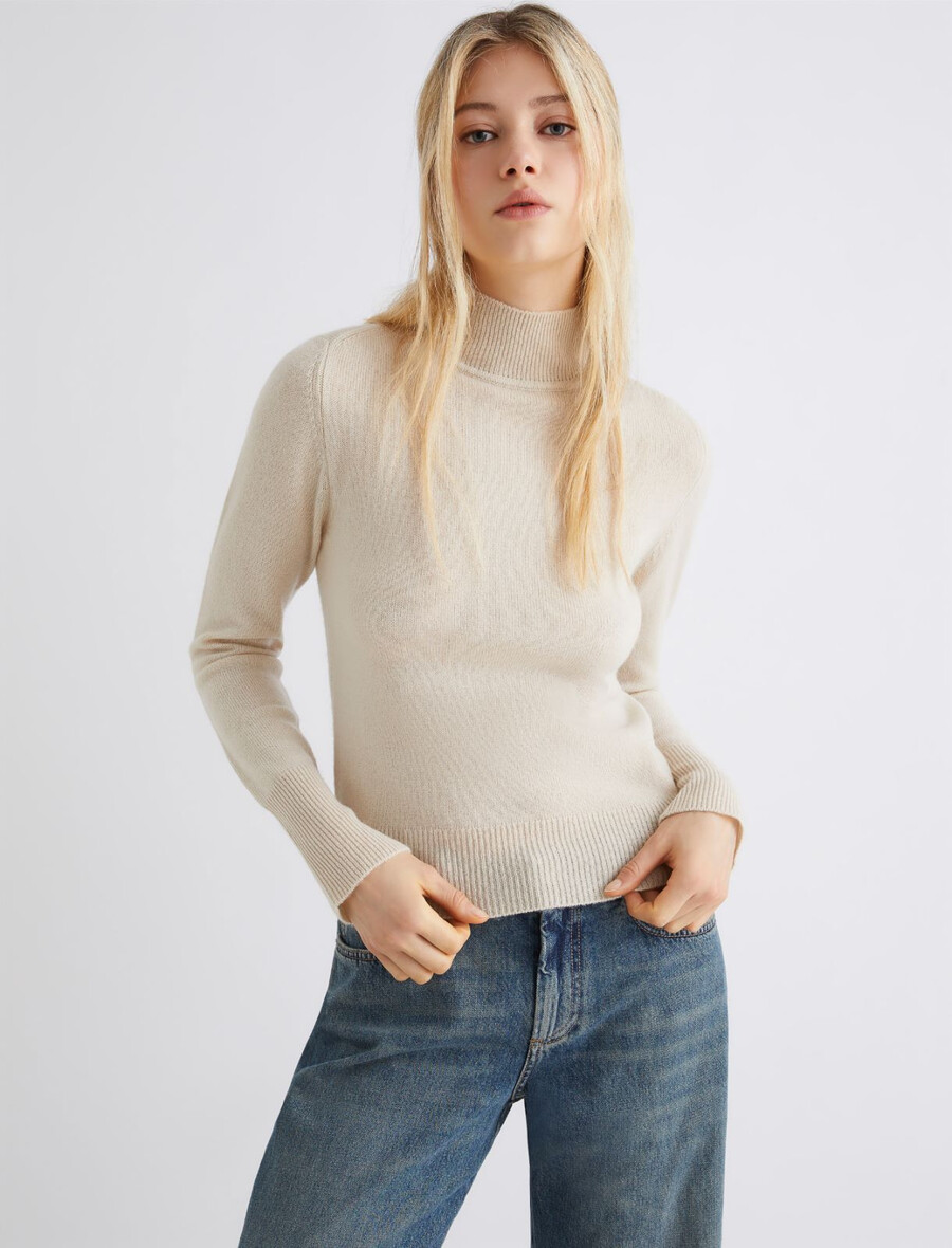 oprijet pulover z imitacijo polo ovratnika iz volne in kašmirja - slonokoŠČasta