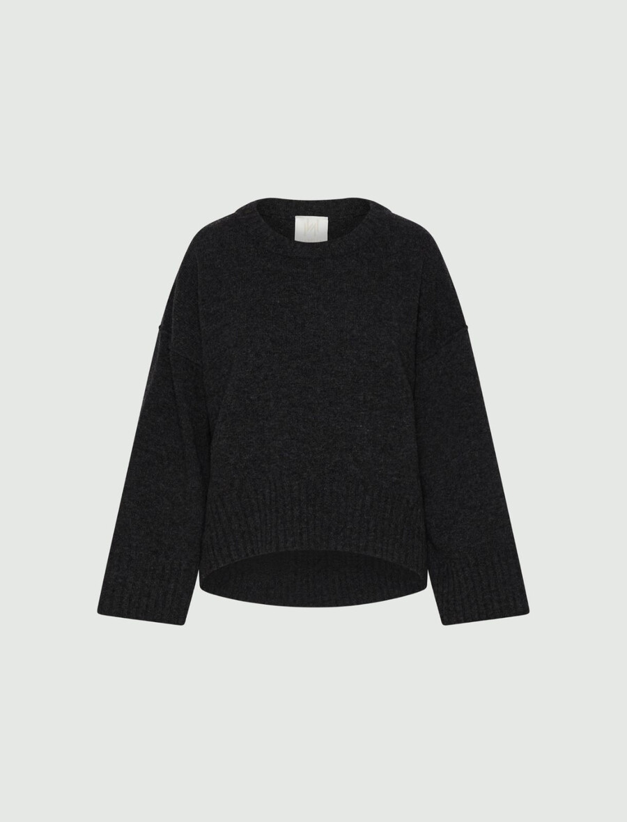 pulover z okroglim izrezom iz čiste volne - temno siva