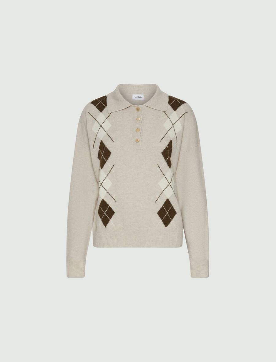 pulover z všitim detajlom in polo ovratnikom - naraven