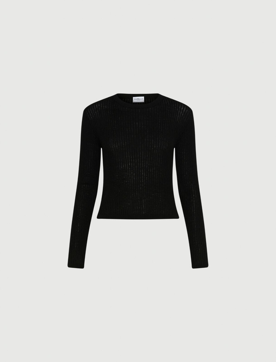 ultralahek pulover z rebrasto pletenino - Črn