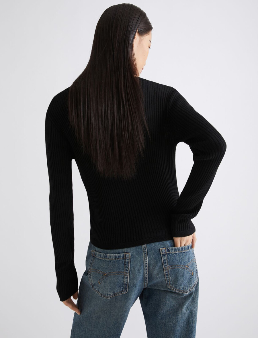 ultralahek pulover z rebrasto pletenino - Črn