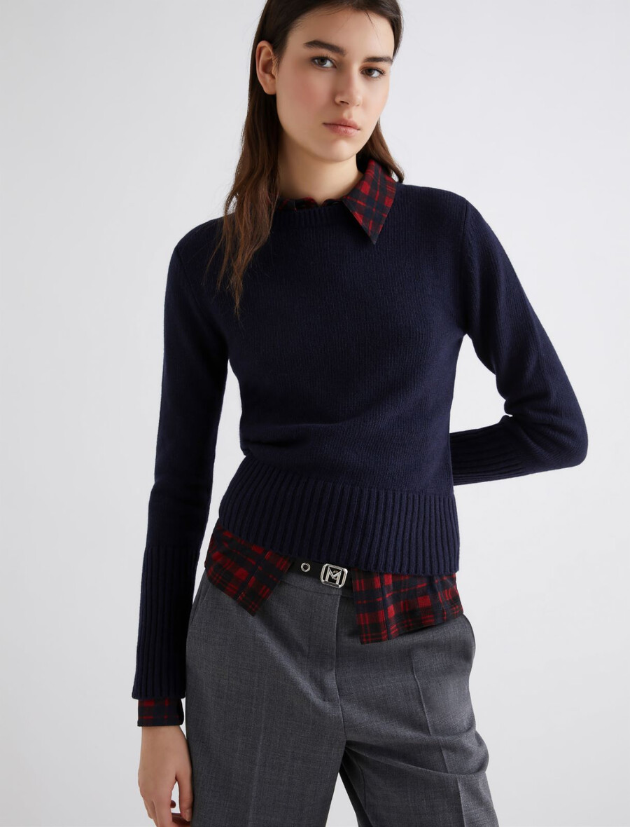 pulover iz mešanice kašmirja in viskoze - temno moder