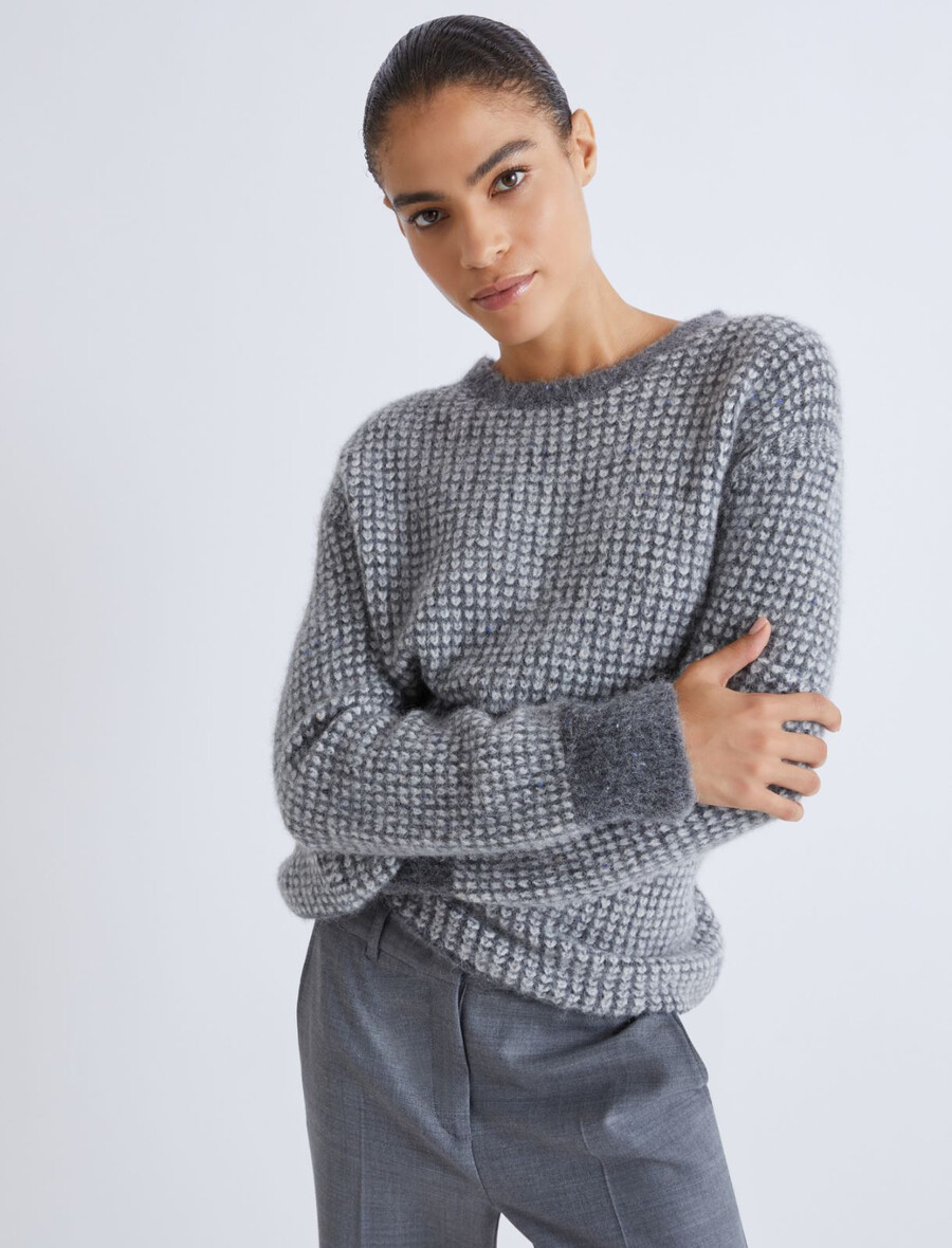 Žakard pulover z okroglim izrezom - siva