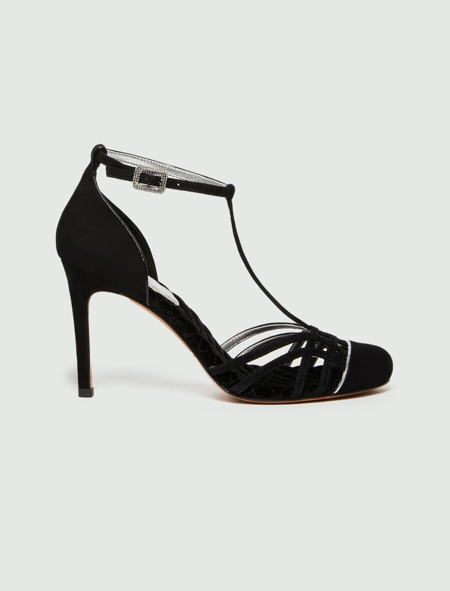 semiš sandali s t-paščkom - Črni