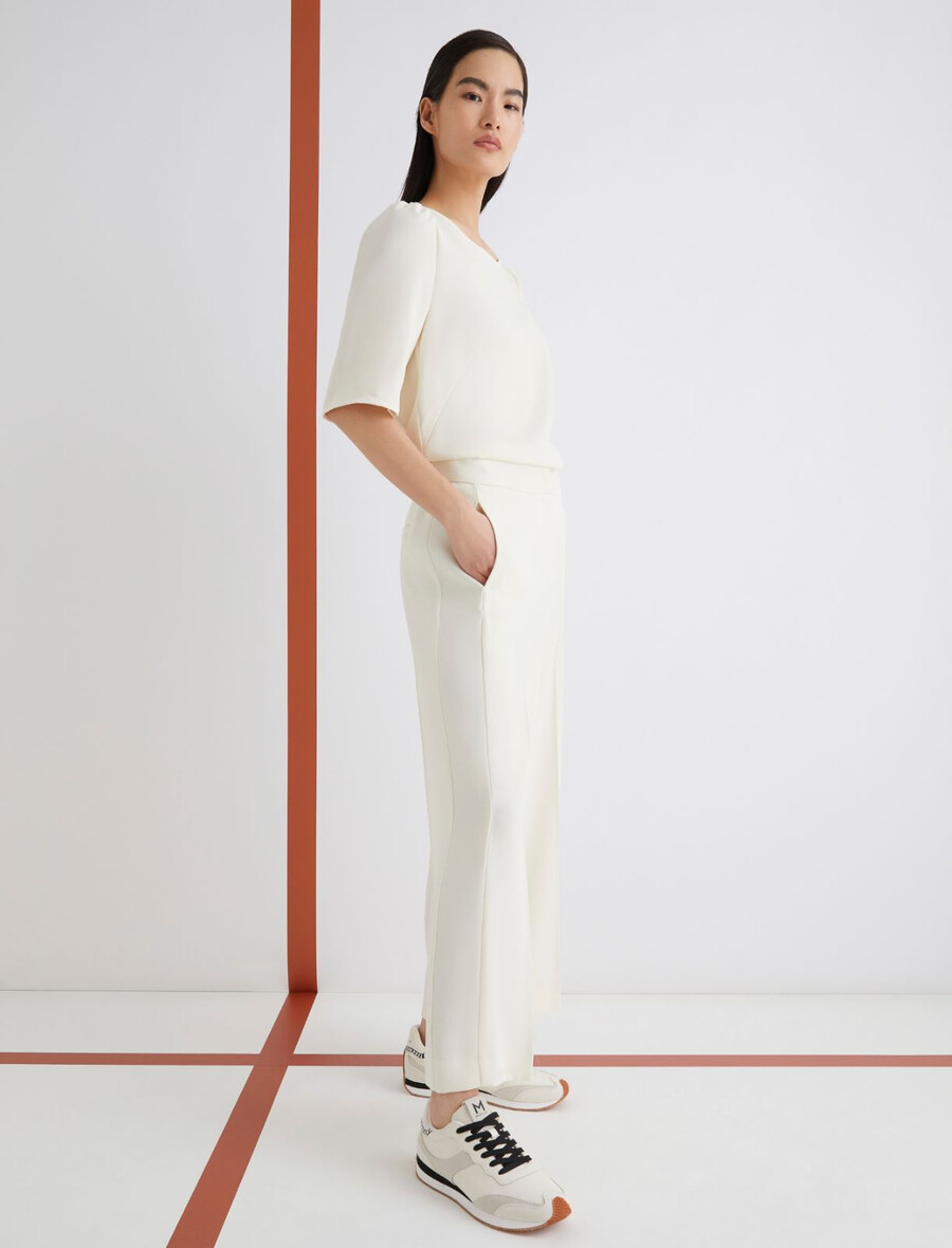 hlače s satenastim trakom - volna bela