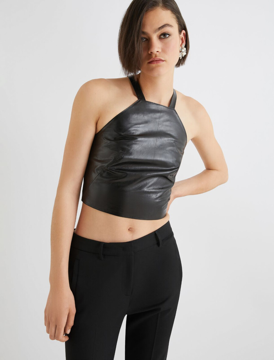 top brez rokavov iz napa usnja - Črna