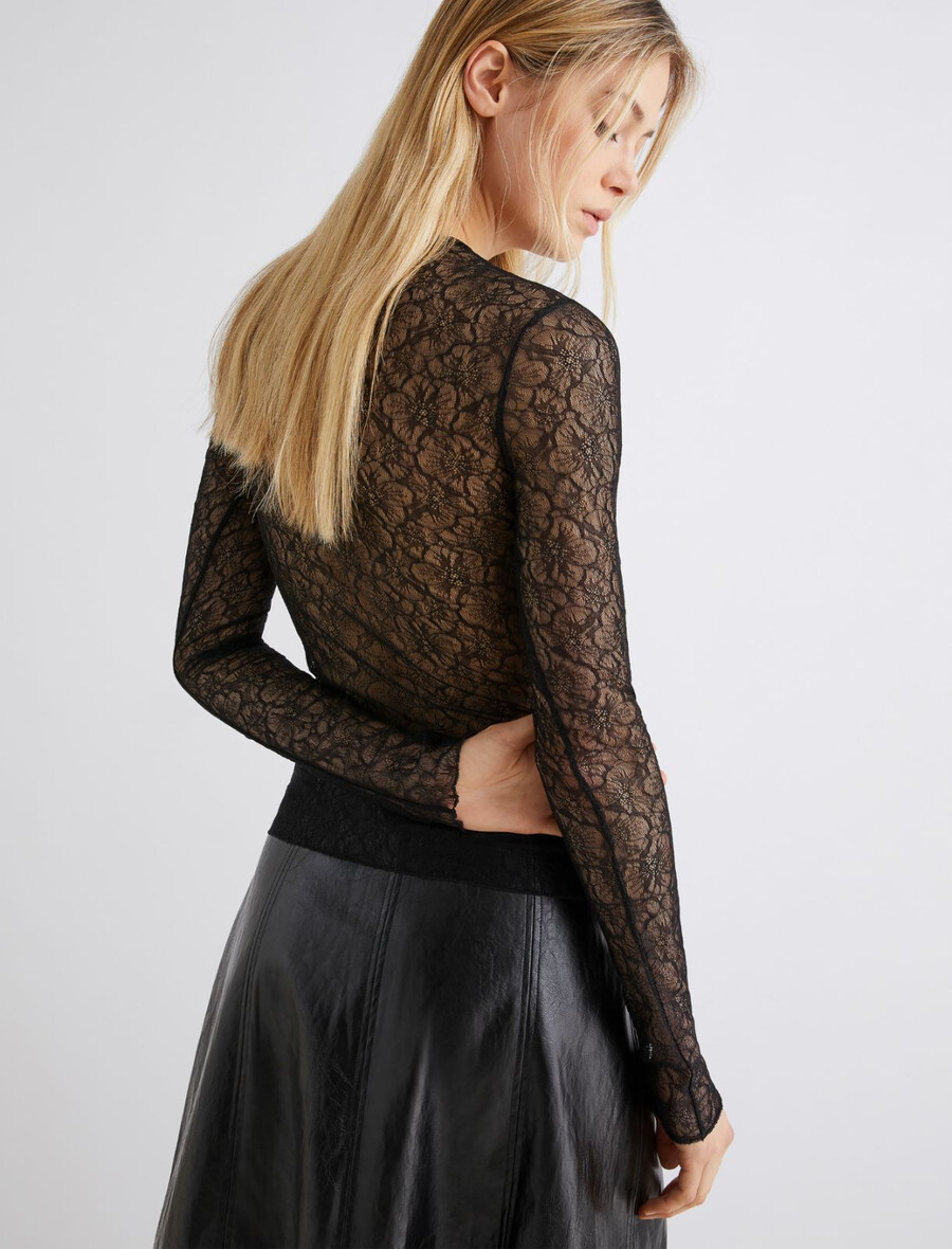 raztegljiva čipkasta majica - Črna