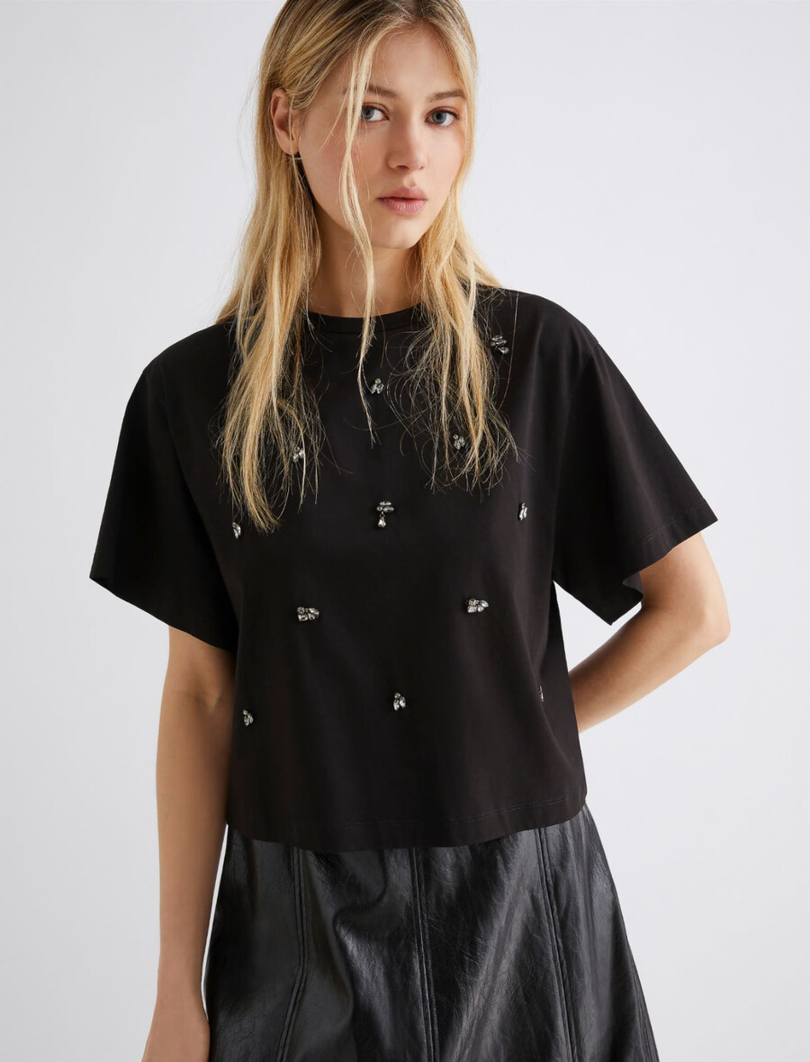 kratka majica s kristali - Črna