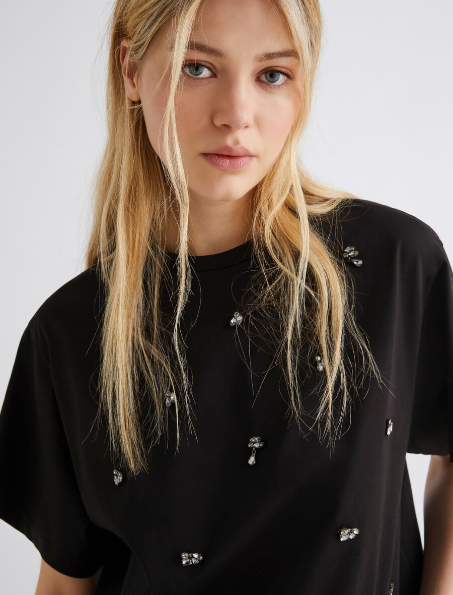 kratka majica s kristali - Črna