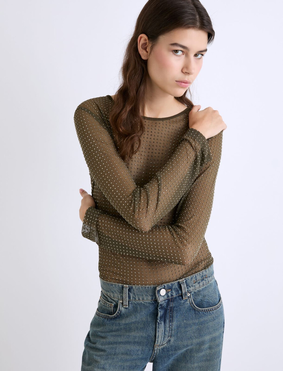 majica iz tila okrašena s kristali - kaki