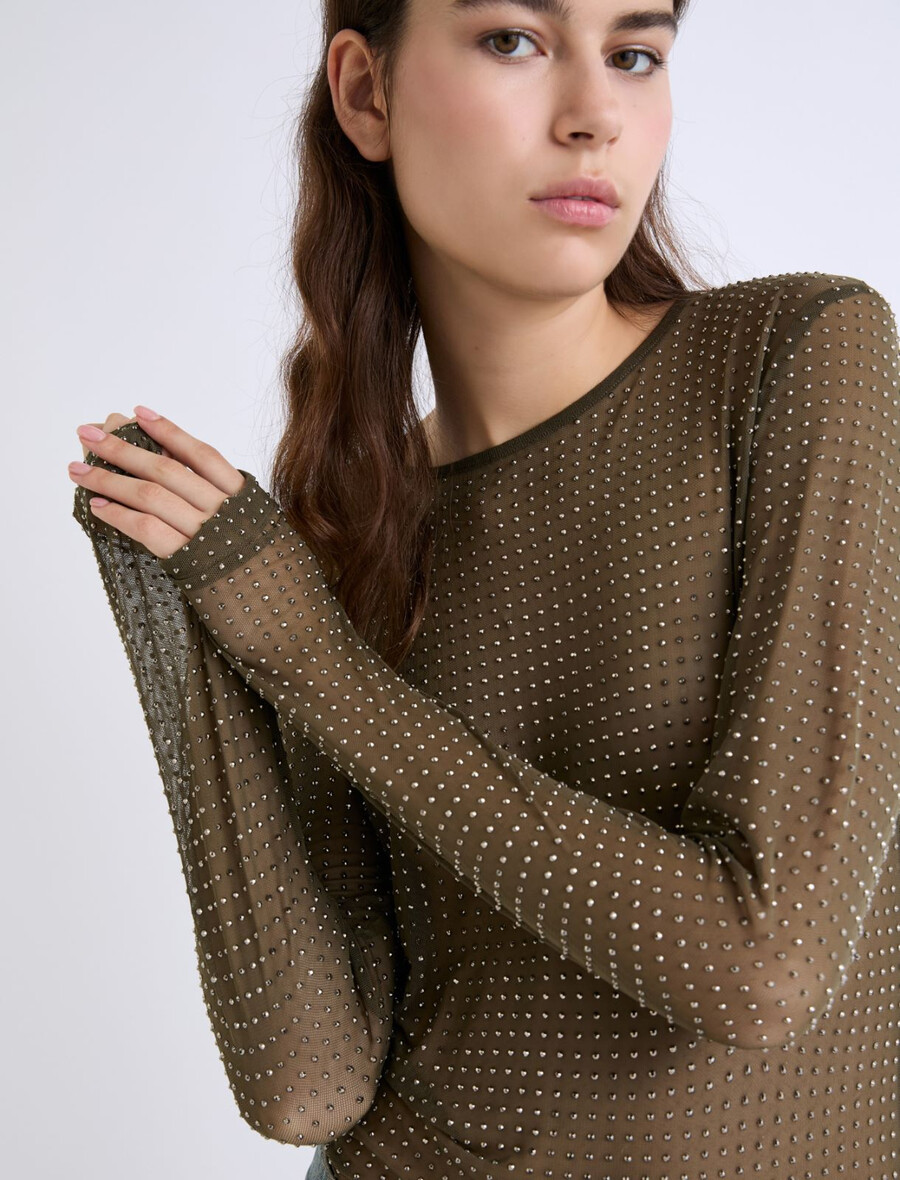 majica iz tila okrašena s kristali - kaki