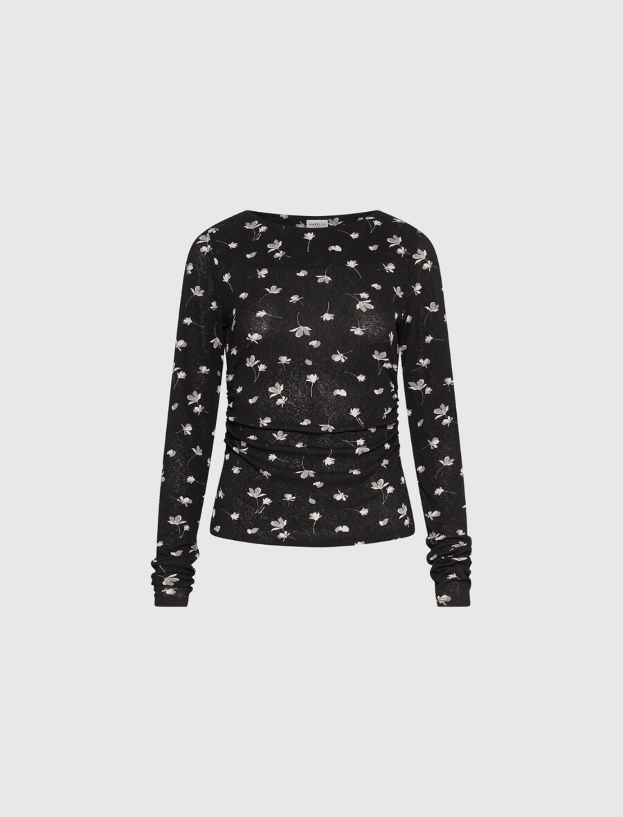 majica s potiskom iz tila in džersija - Črna