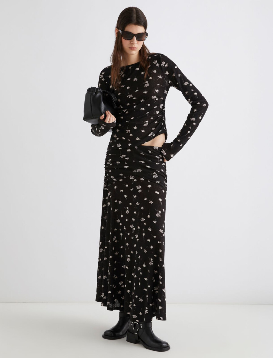 majica s potiskom iz tila in džersija - Črna