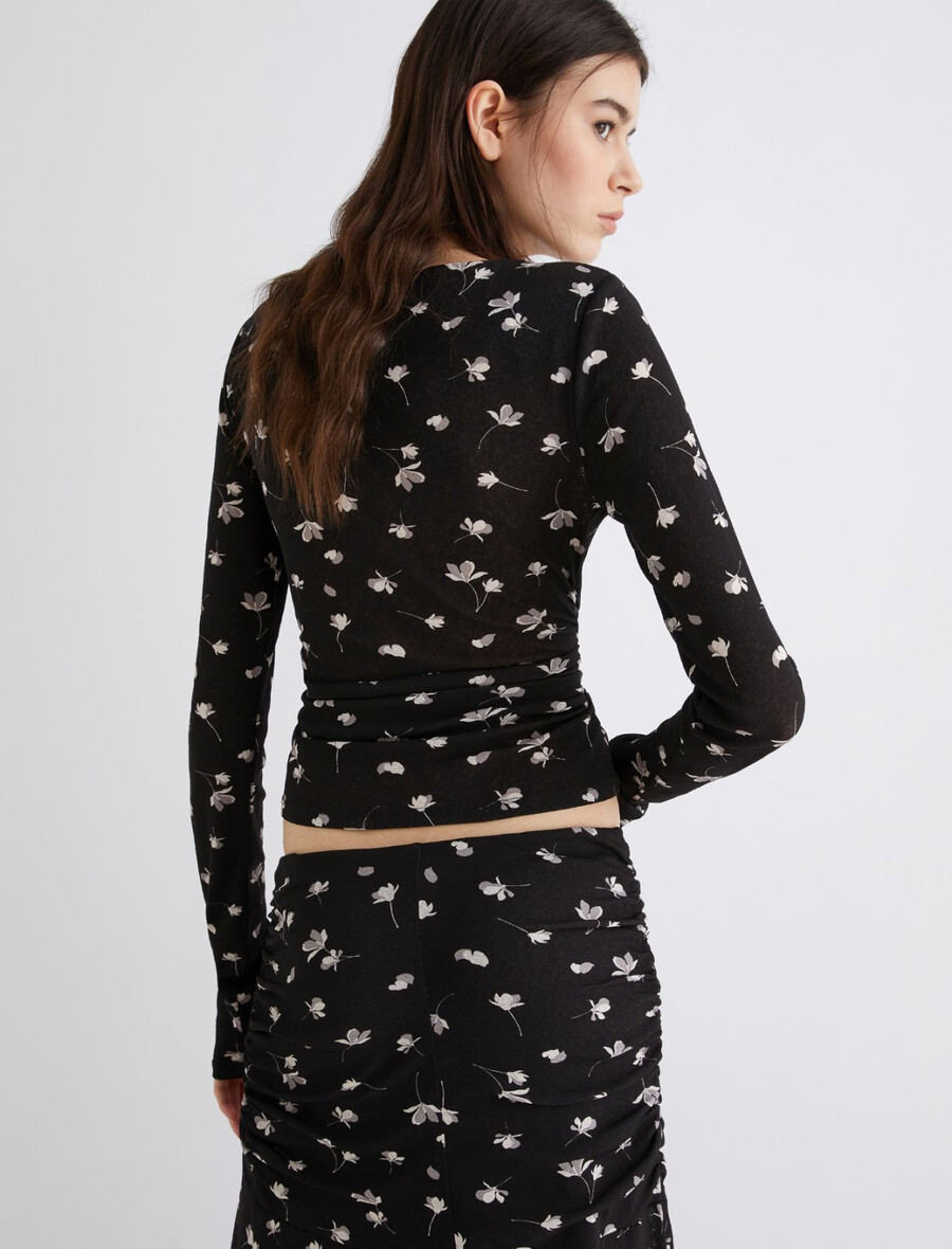 majica s potiskom iz tila in džersija - Črna