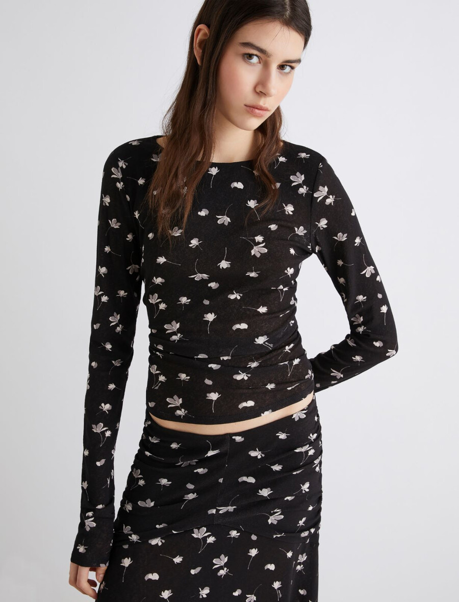 majica s potiskom iz tila in džersija - Črna