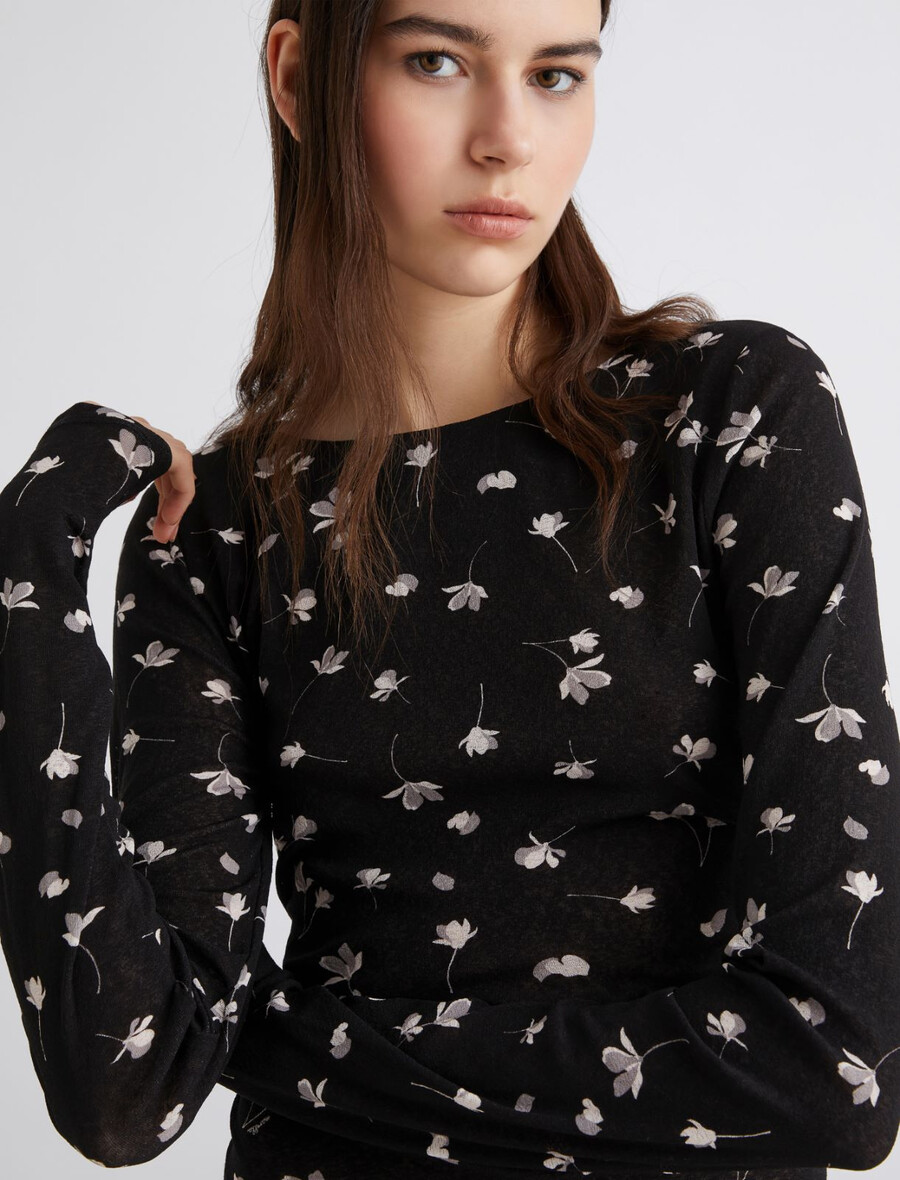 majica s potiskom iz tila in džersija - Črna