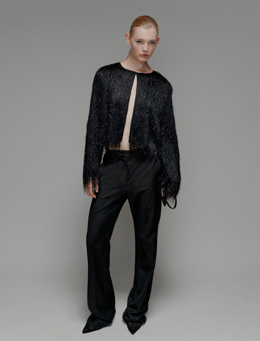 raztegljive hlače iz viskoze z raztegljivim potiskom - Črna