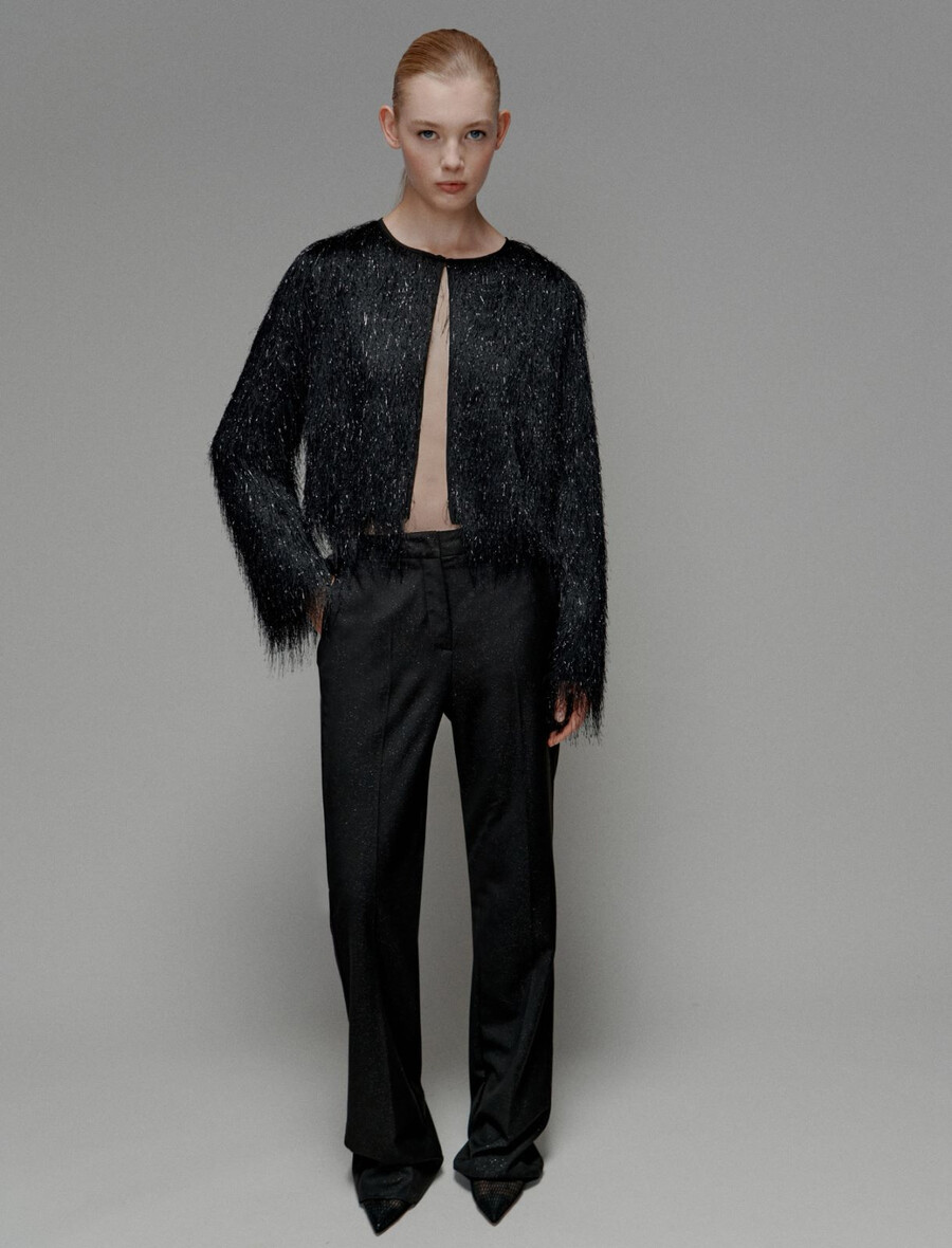 raztegljive hlače iz viskoze z raztegljivim potiskom - Črna